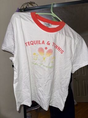 Wildfox White Tee with Coral Ringer and Pastel Graphic